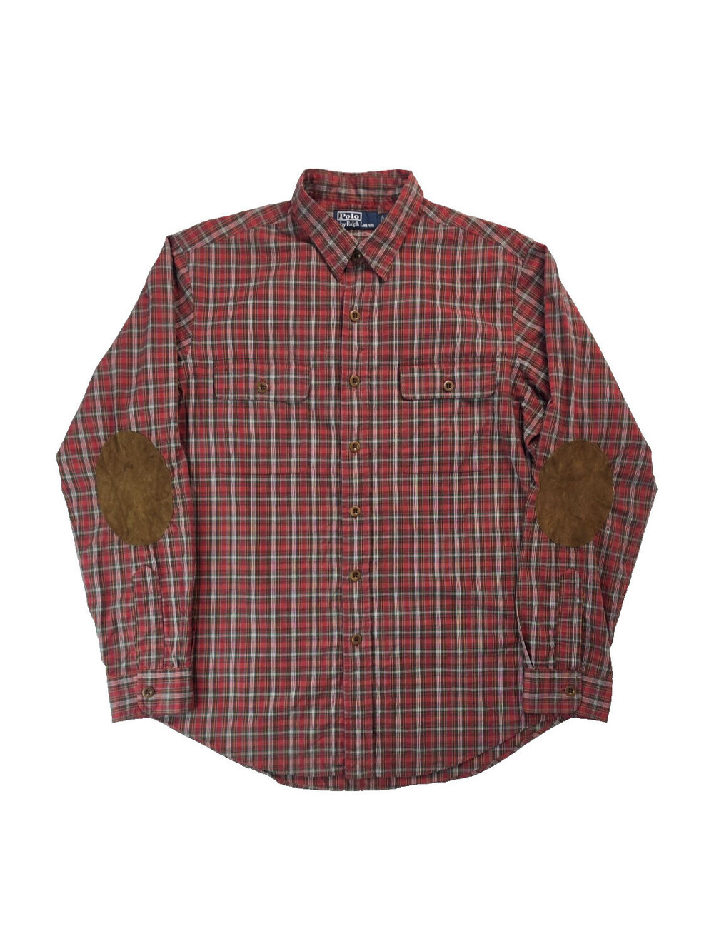 Polo Ralph Lauren Vintage Red Plaid Leather Elbow Pad Patch Button Shirt Mens L